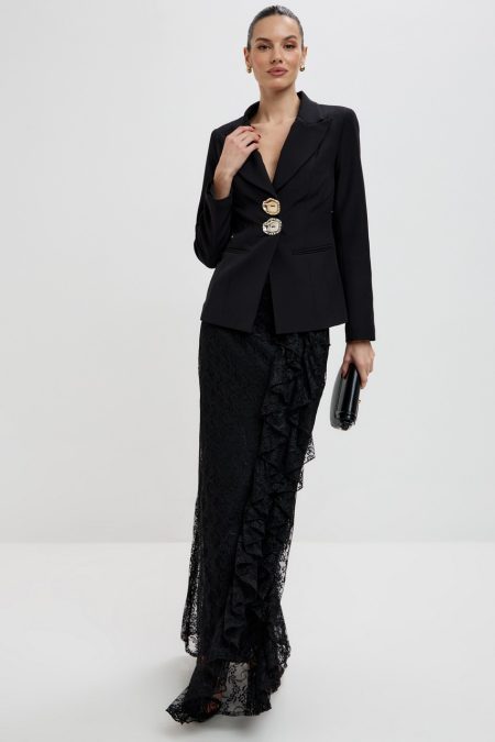 Blair Button Blazer Ruffle Lace Two Piece Set-Black