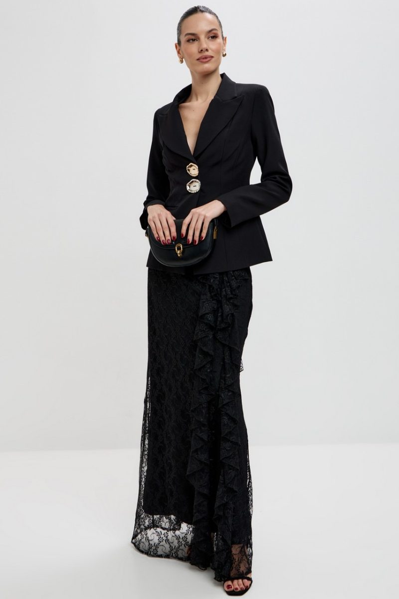 Blair Button Blazer Ruffle Lace Two Piece Set-Black