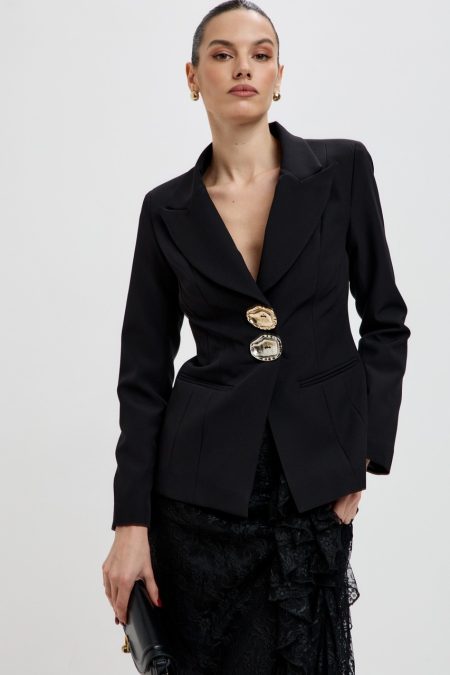 Blair Button Blazer Ruffle Lace Two Piece Set-Black