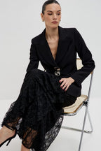 Blair Button Blazer Ruffle Lace Two Piece Set-Black