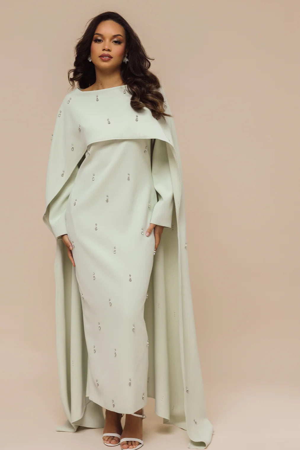 Embellished Cape-Sleeve Modest Two-Piece Gown-Green