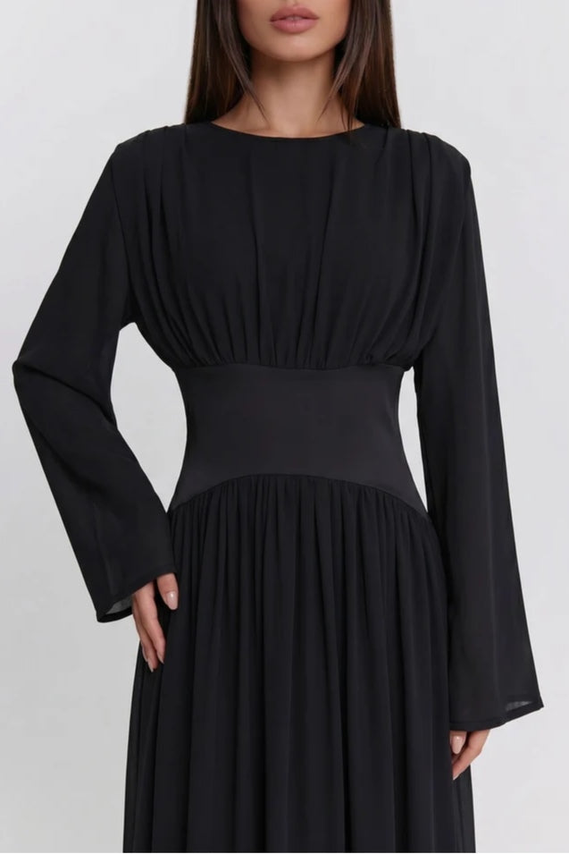 Iris Gathered Waist Flare Sleeve Maxi Dress-Black