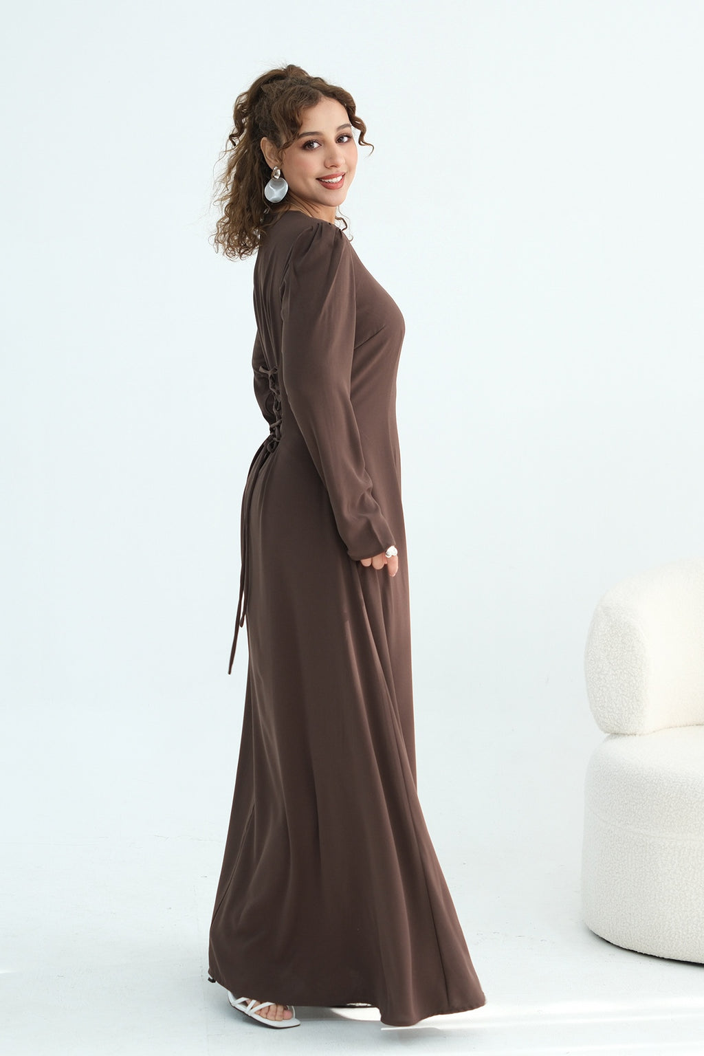 Maya Rhinestone Cape Layer Maxi Dress-Brown