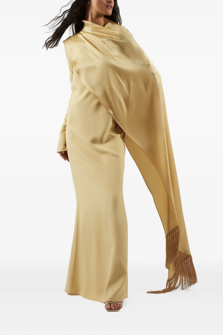 Asymmetric Draped Sash Satin Maxi Dress