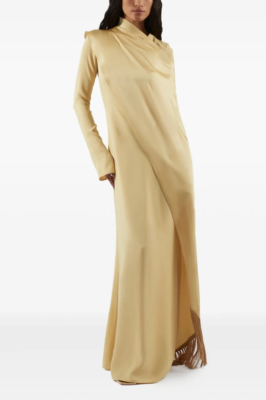Asymmetric Draped Sash Satin Maxi Dress