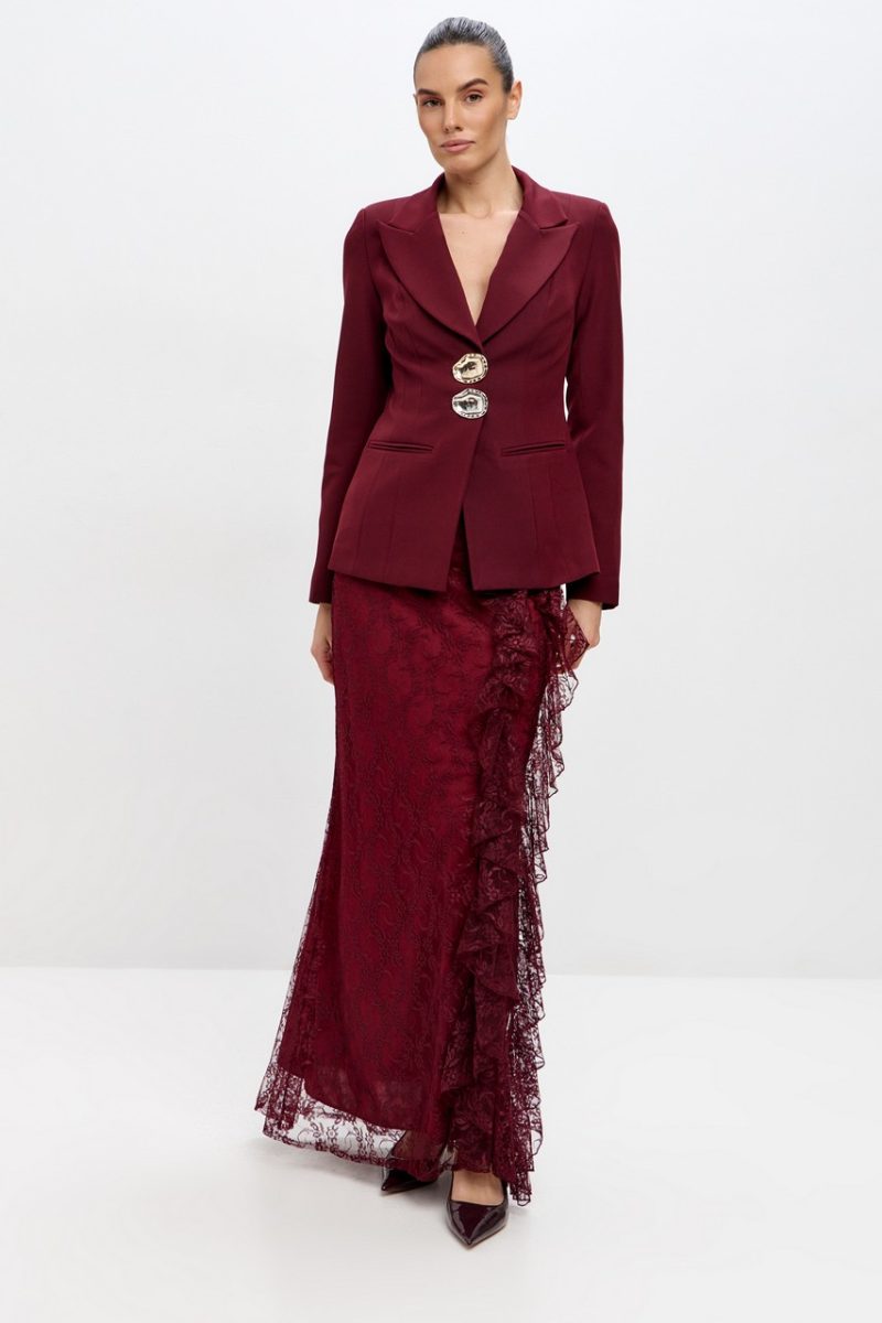 Blair Button Blazer Ruffle Lace Two Piece Set-Wine