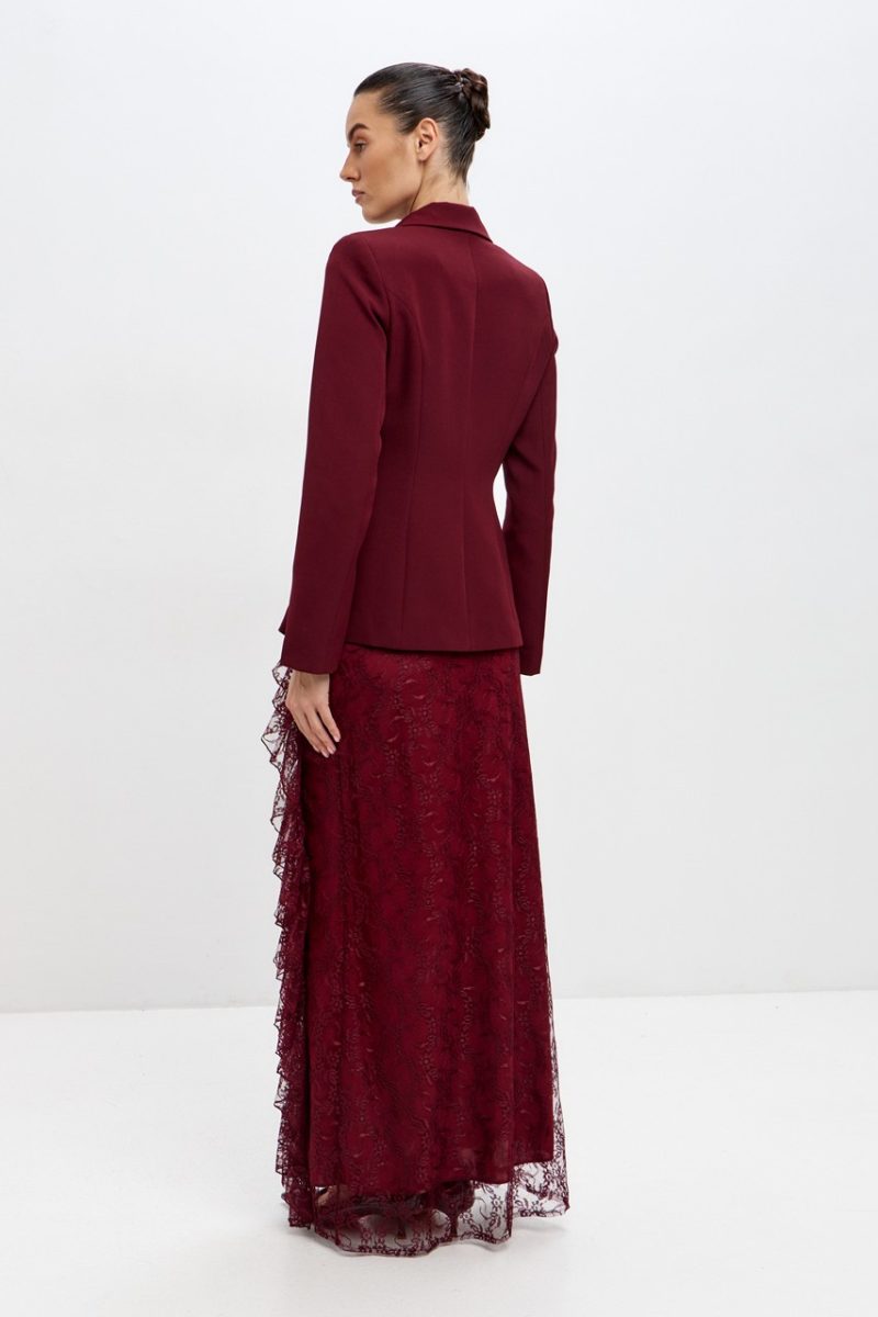Blair Button Blazer Ruffle Lace Two Piece Set-Wine