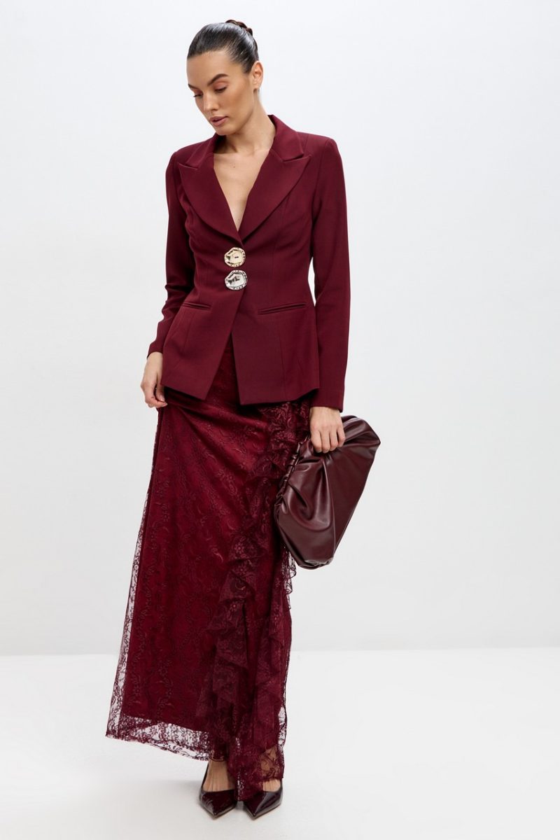 Blair Button Blazer Ruffle Lace Two Piece Set-Wine