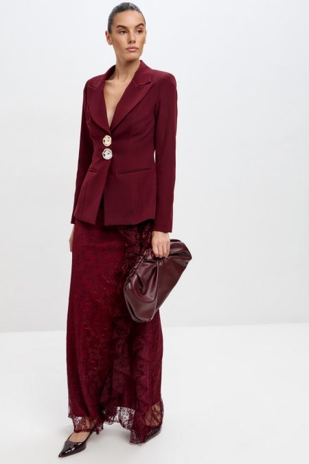 Blair Button Blazer Ruffle Lace Two Piece Set-Wine