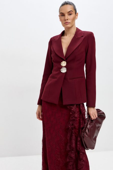 Blair Button Blazer Ruffle Lace Two Piece Set-Wine