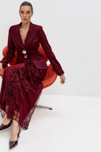 Blair Button Blazer Ruffle Lace Two Piece Set-Wine