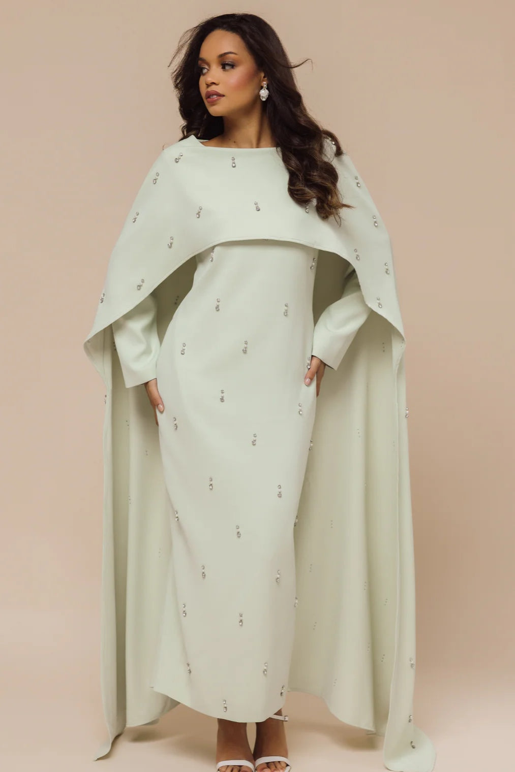 Embellished Cape-Sleeve Modest Two-Piece Gown-Green