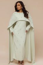 Embellished Cape-Sleeve Modest Two-Piece Gown-Green