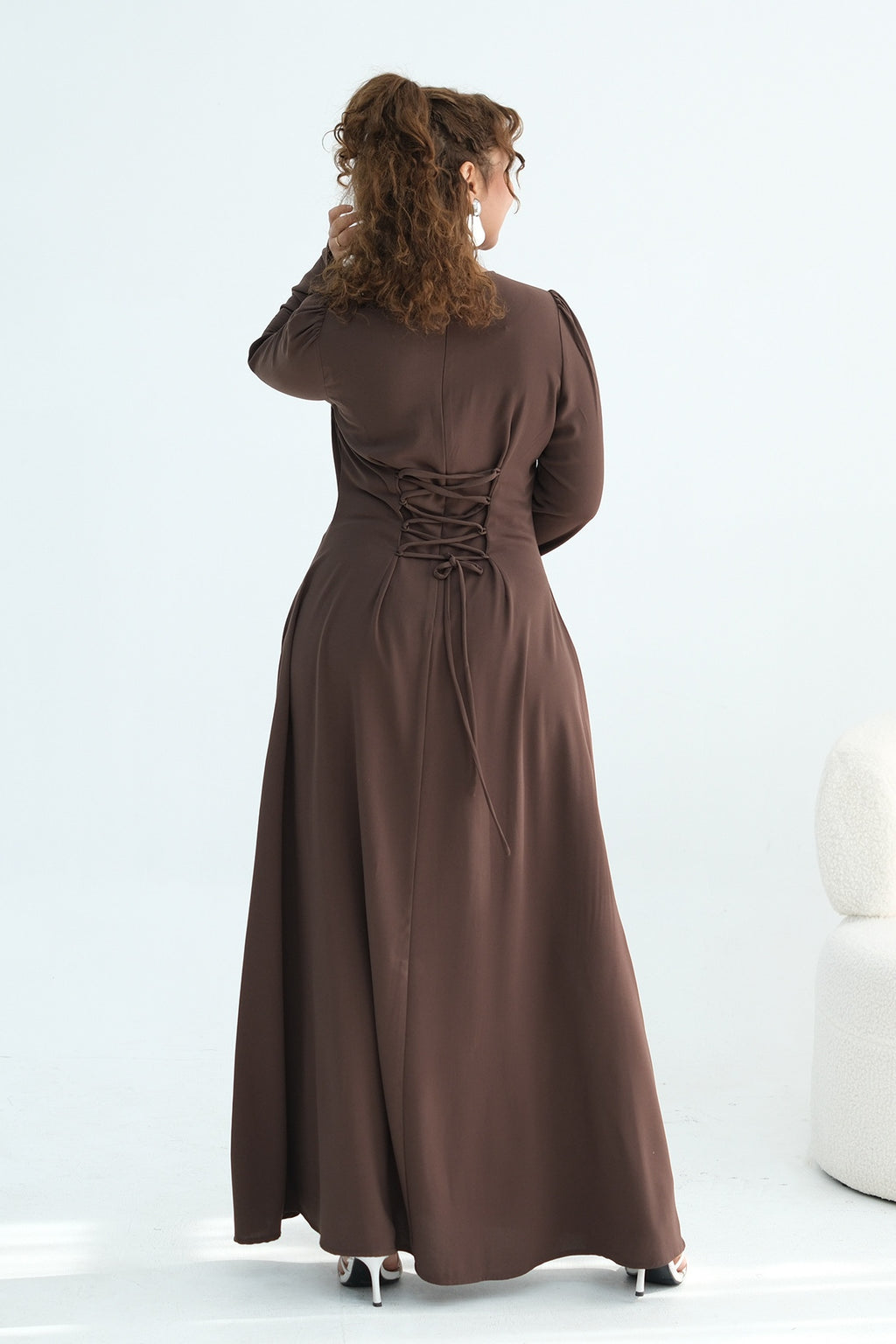 Maya Rhinestone Cape Layer Maxi Dress-Brown