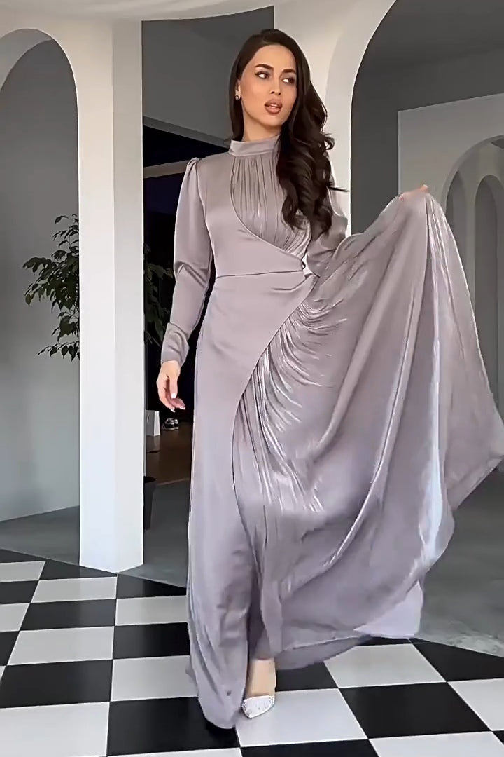Two-Tone Asymmetrical High-Neck Maxi Dress-Purple