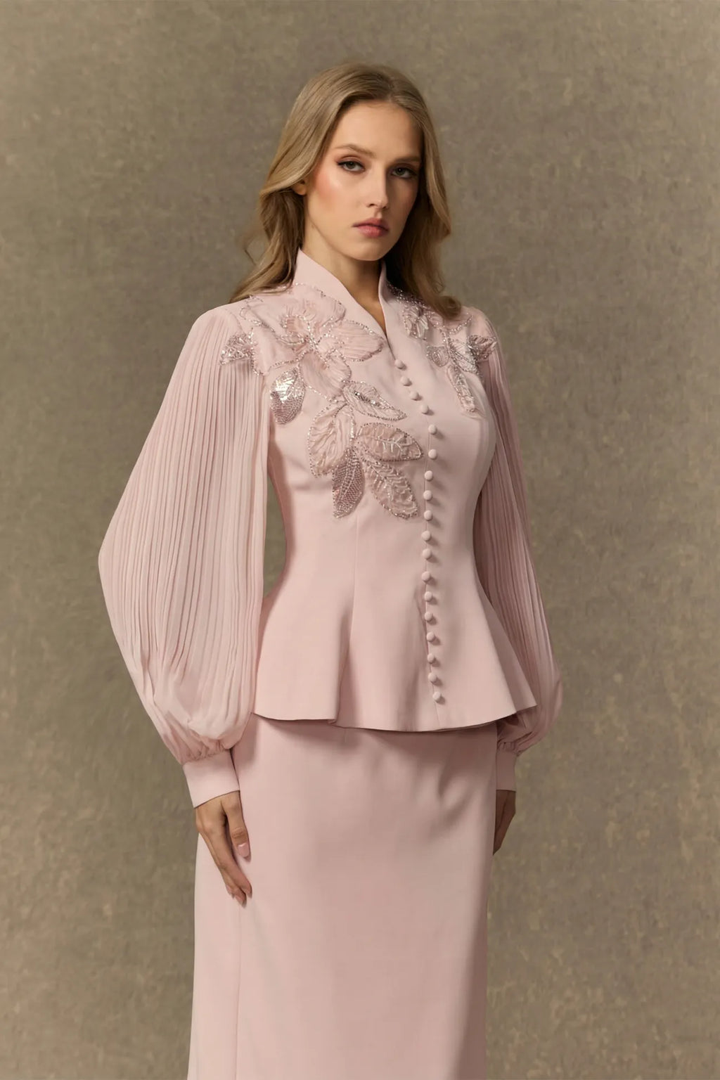 Diana Embroidered Peplum Skirt Set-Pink