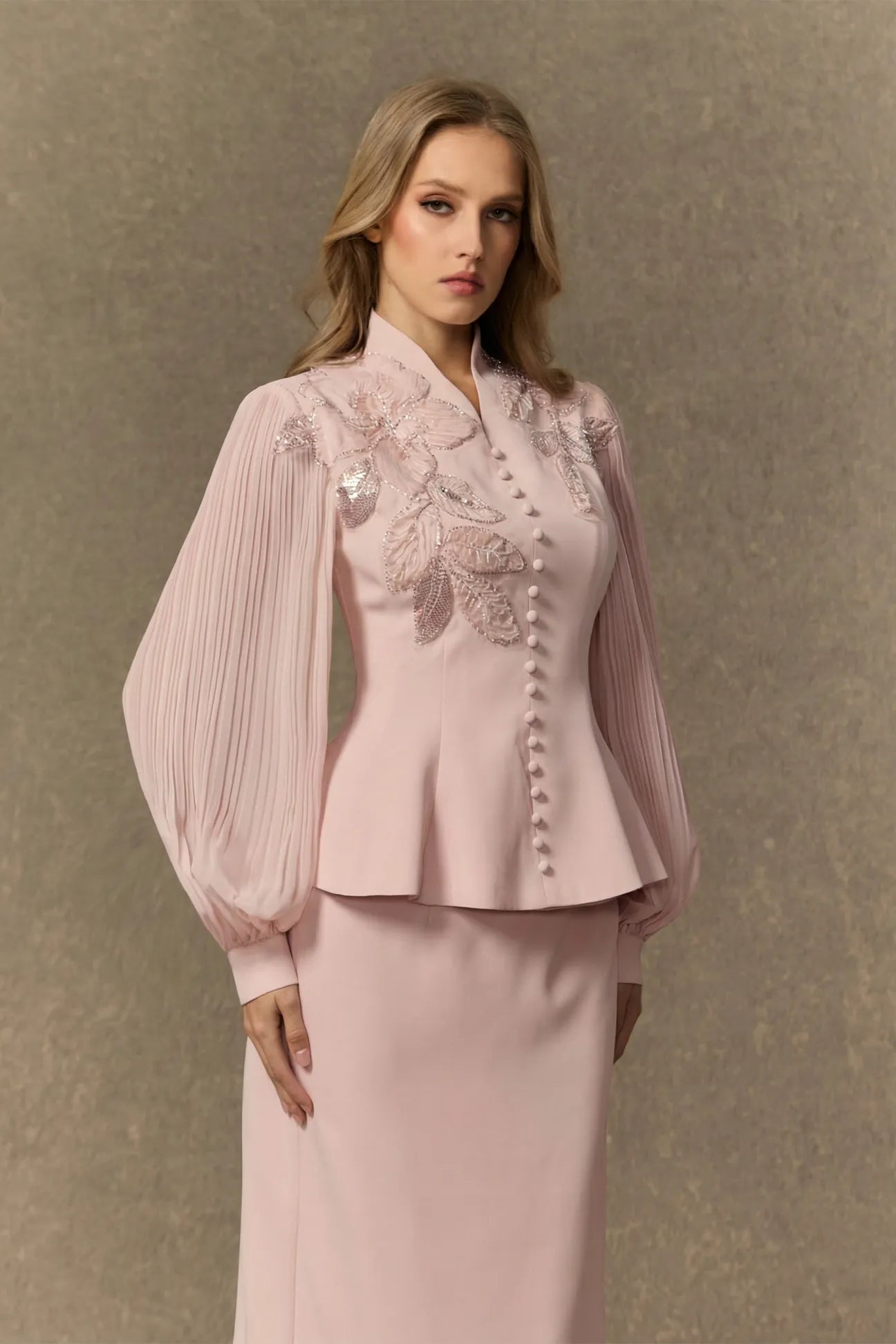 Diana Embroidered Peplum Skirt Set-Pink