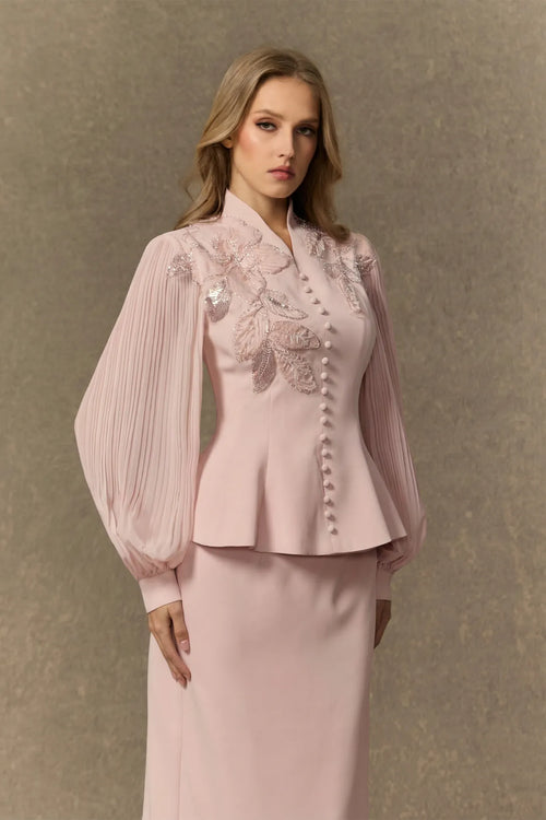 Diana Embroidered Peplum Skirt Set-Pink