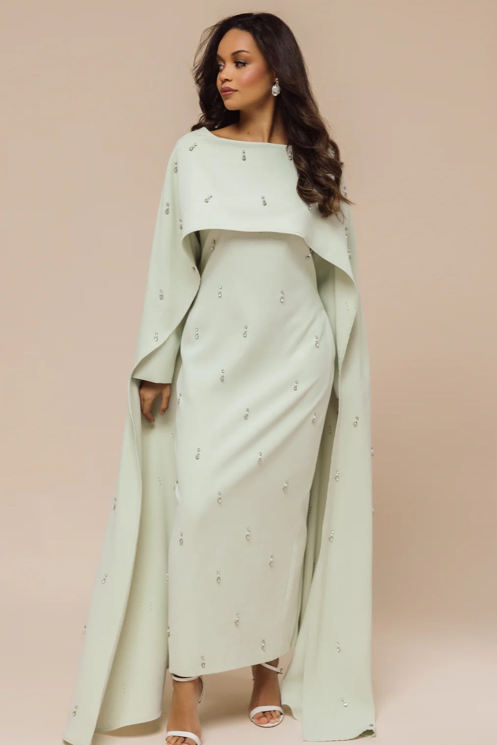 Embellished Cape-Sleeve Modest Two-Piece Gown-Green