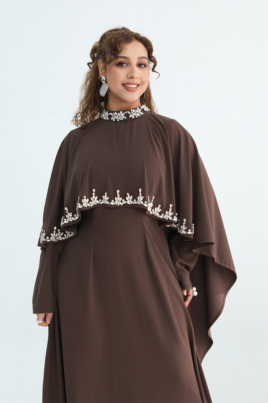 Maya Rhinestone Cape Layer Maxi Dress-Brown