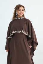 Maya Rhinestone Cape Layer Maxi Dress-Brown