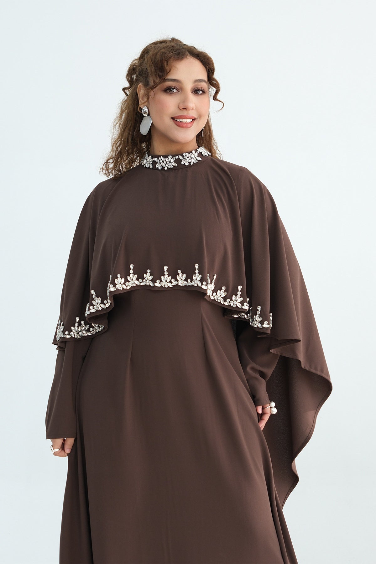 Maya Rhinestone Cape Layer Maxi Dress-Brown