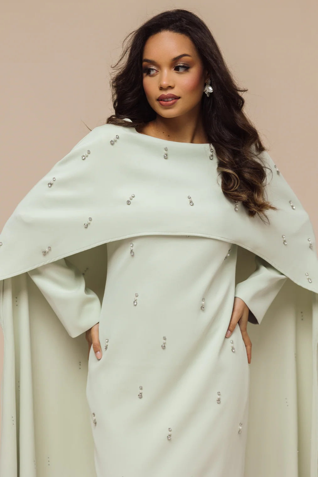 Embellished Cape-Sleeve Modest Two-Piece Gown-Green