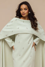 Embellished Cape-Sleeve Modest Two-Piece Gown-Green