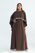 Maya Rhinestone Cape Layer Maxi Dress-Brown