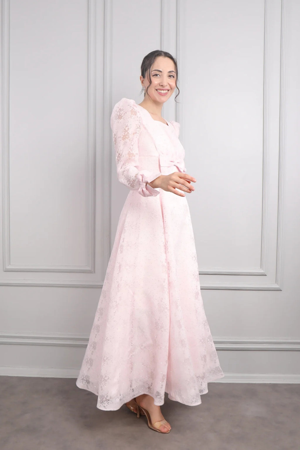 Elara Bow Floral Puff Sleeve Midi-Pink