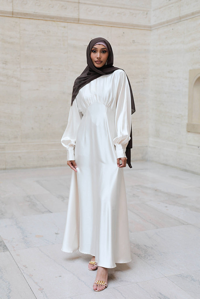 Luminous Satin Ruched-Bust Maxi Dress-White