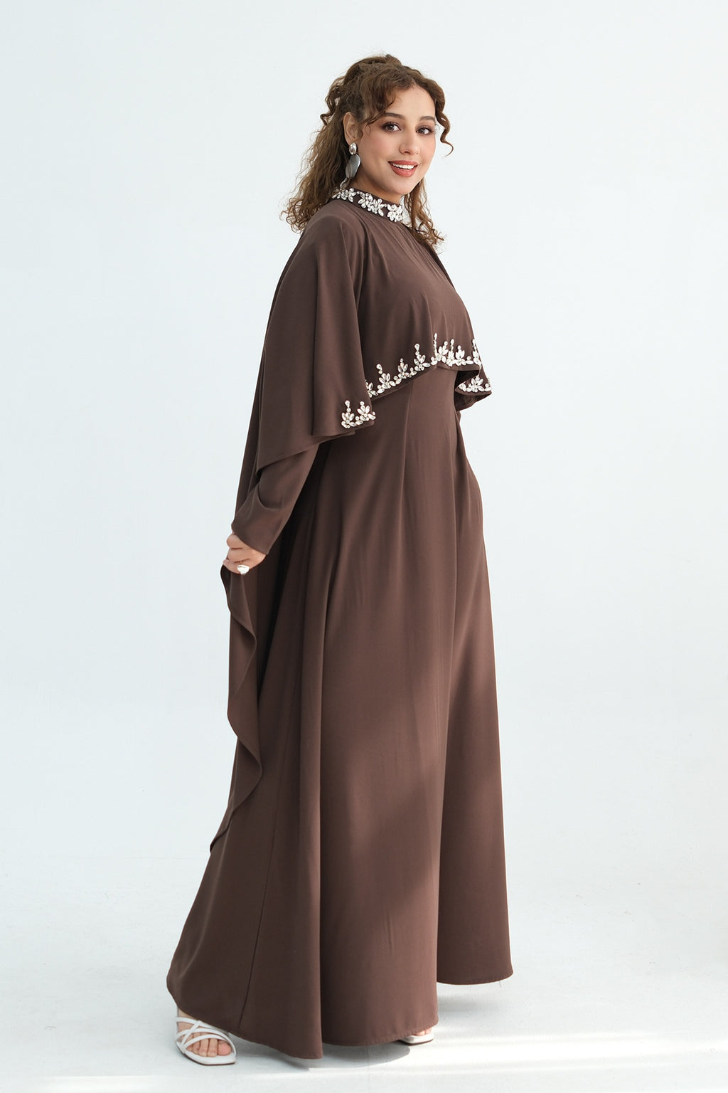 Maya Rhinestone Cape Layer Maxi Dress-Brown