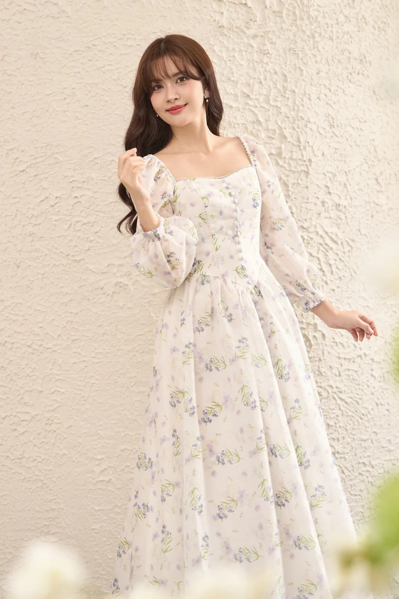 Vintage Floral Square Neck Tie-Waist Fairy Maxi Dress-Blue