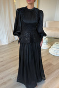 Lace Peplum Pleated Maxi Dress-Black