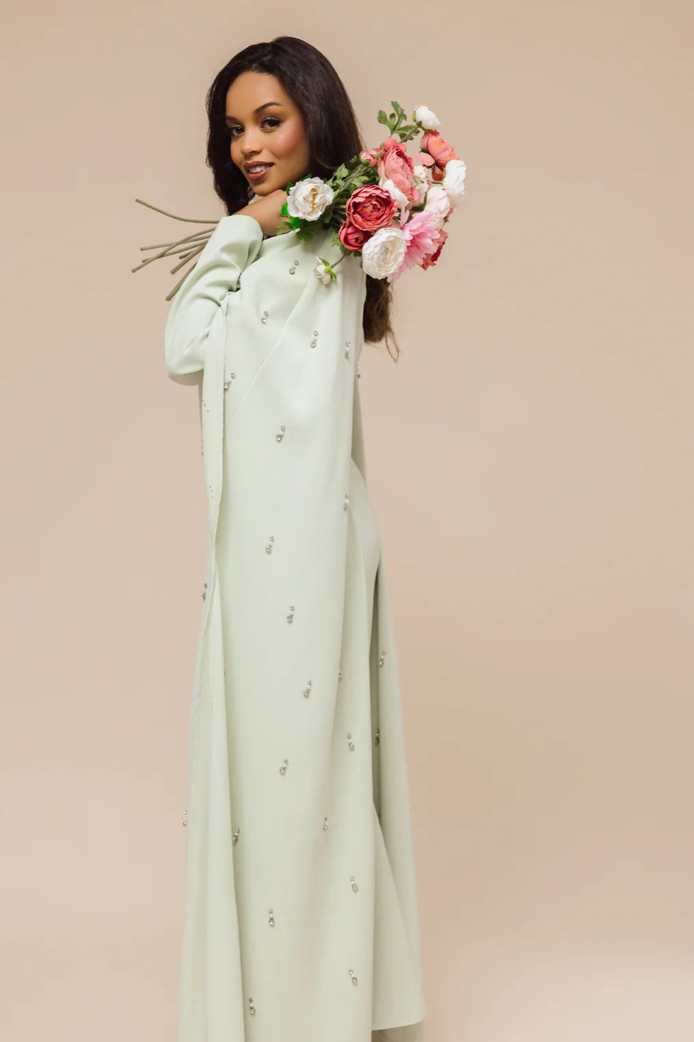 Embellished Cape-Sleeve Modest Two-Piece Gown-Green