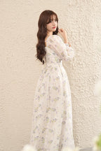 Vintage Floral Square Neck Tie-Waist Fairy Maxi Dress-Blue