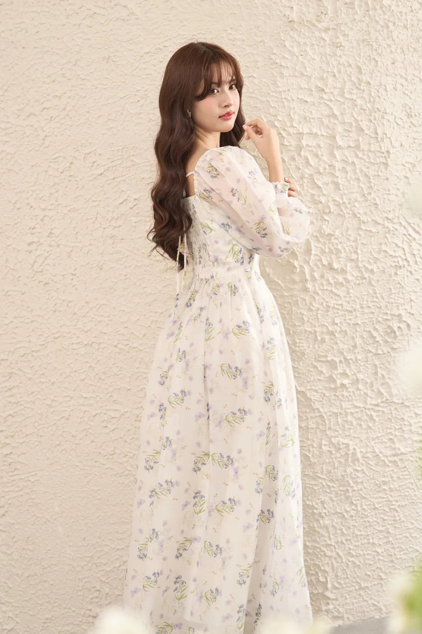 Vintage Floral Square Neck Tie-Waist Fairy Maxi Dress-Blue