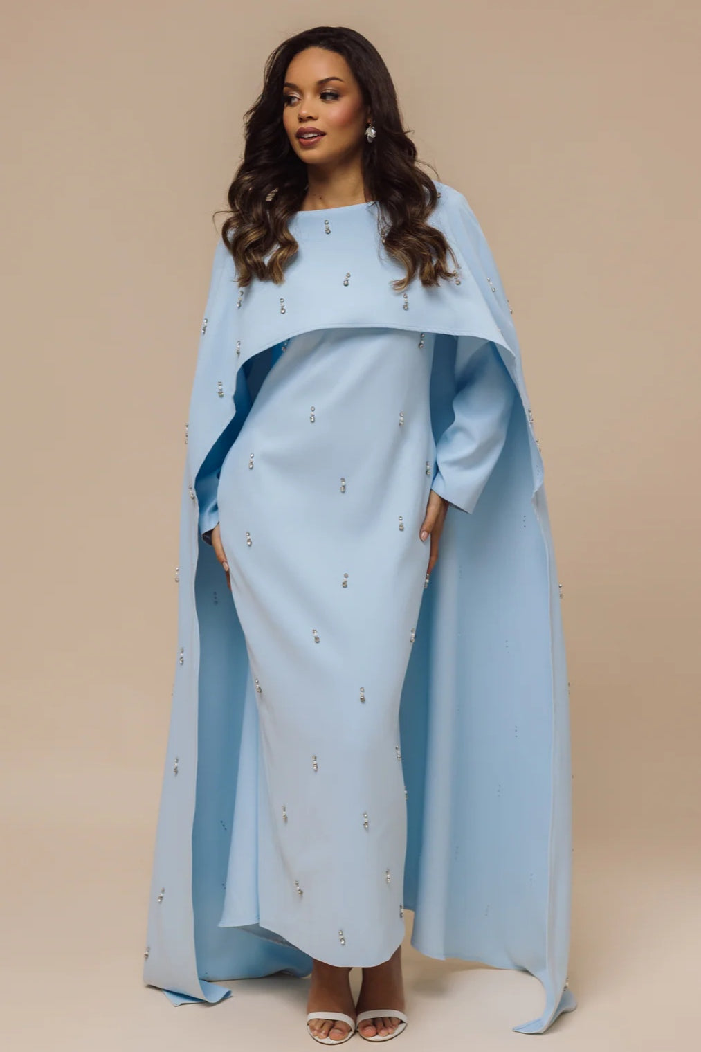 Embellished Cape-Sleeve Modest Two-Piece Gown-Blue