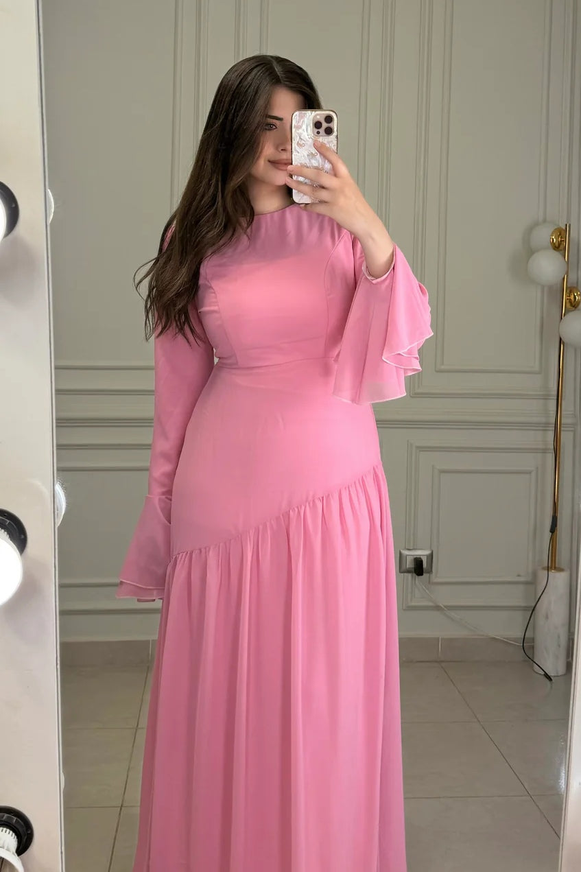 Chloe Shimmer Asymmetrical Chiffon Maxi Dress-Pink