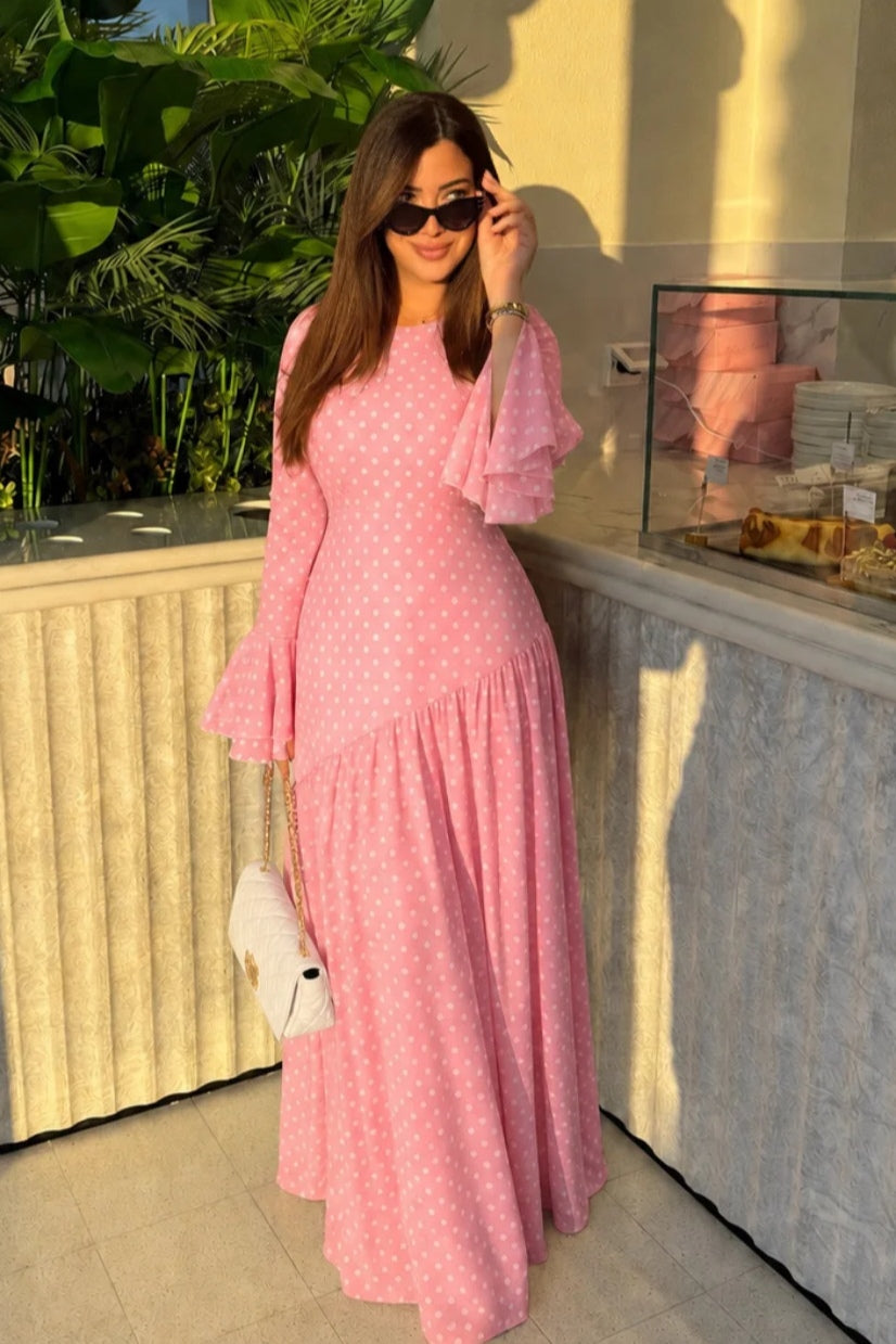 Bella Polka Dot Asymmetrical Maxi Dress-Pink