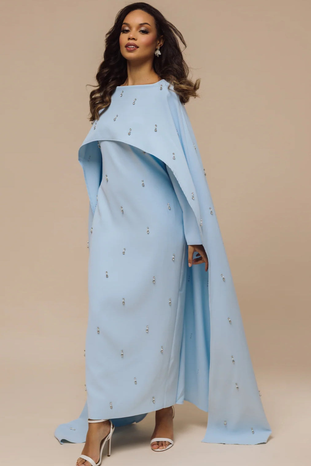 Embellished Cape-Sleeve Modest Two-Piece Gown-Blue