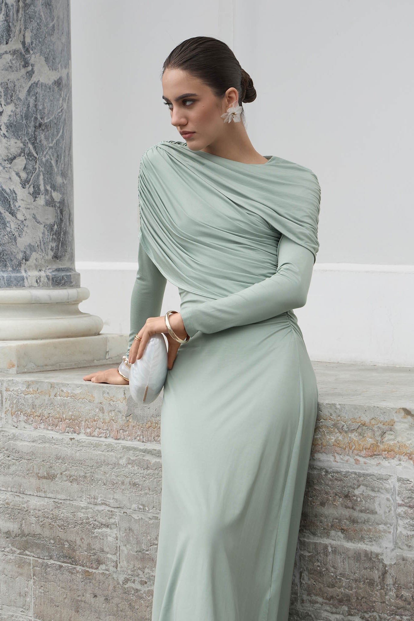 Draped Long-Sleeve Maxi Dress-Green