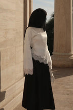 Lace-Trimmed Satin Modest Blouse-White