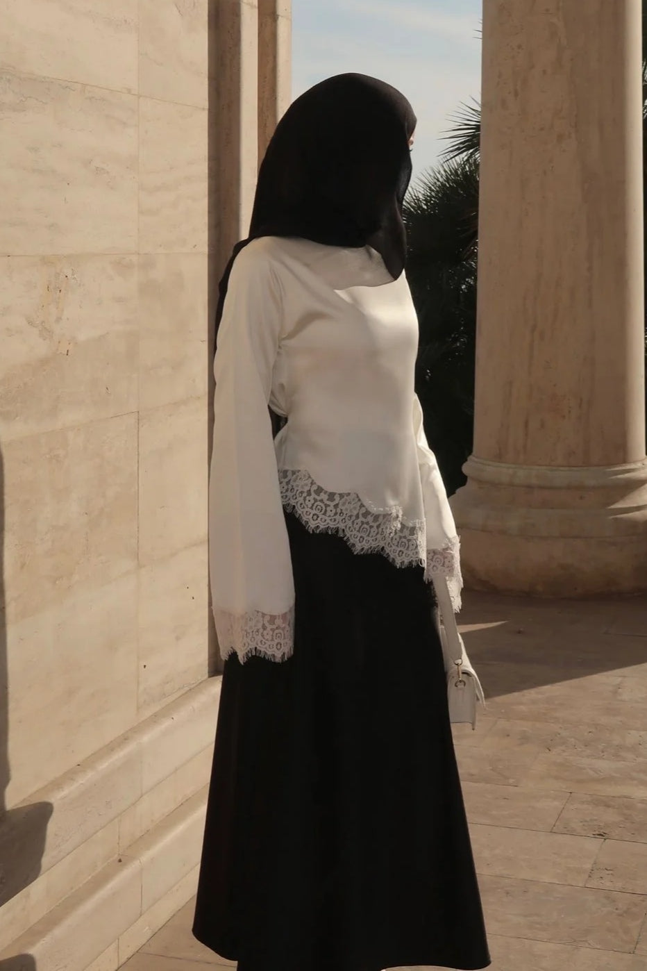 Lace-Trimmed Satin Modest Blouse-White