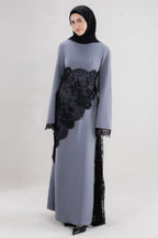 Asymmetric Lace-Trimmed Maxi Dress-Blue