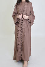 Sahara Floral Lace Trim Two Piece Abaya Set-Khaki
