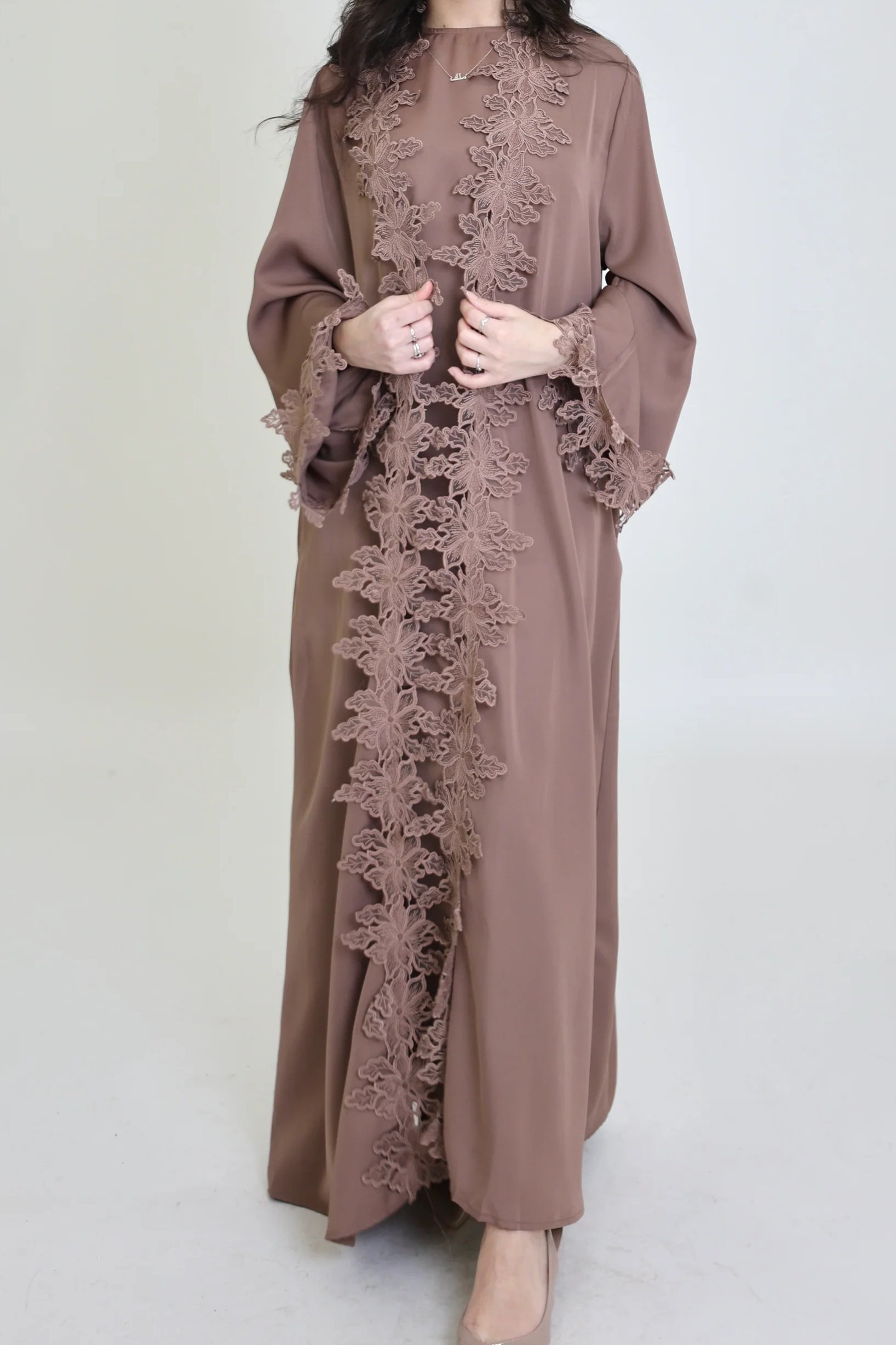 Sahara Floral Lace Trim Two Piece Abaya Set-Khaki