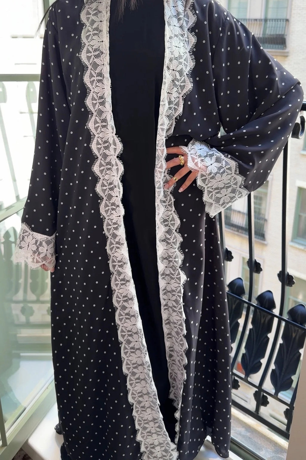 Nadia Lace‑Trimmed Polka‑Dot Abaya Set-Black