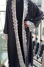 Nadia Lace‑Trimmed Polka‑Dot Abaya Set-Black