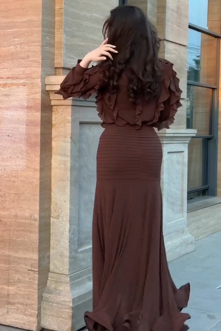 Elena Ruffled Blouse Ruched Skirt Set